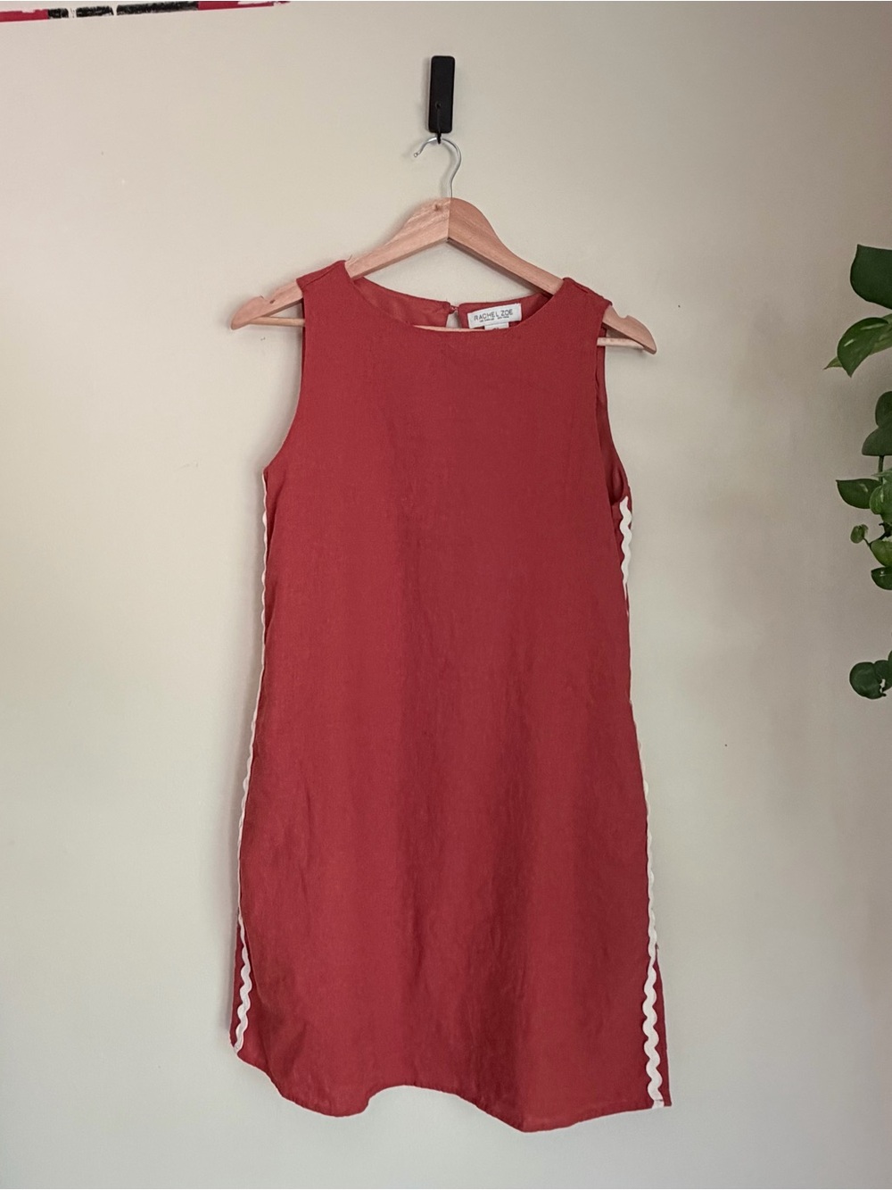 Sleeveless Burnt Red Dress with White Trim Boho Beach Coastal Summer Linen Blend